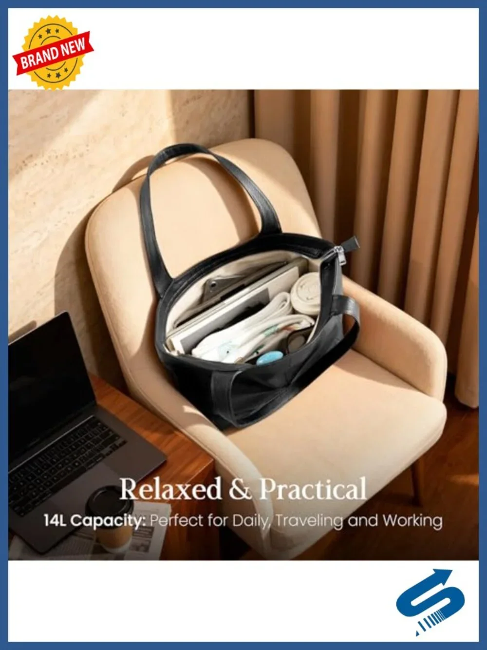 Genuine Leather Tote Bag Women Work Laptop Slouchy Handbag with Zipper Cup